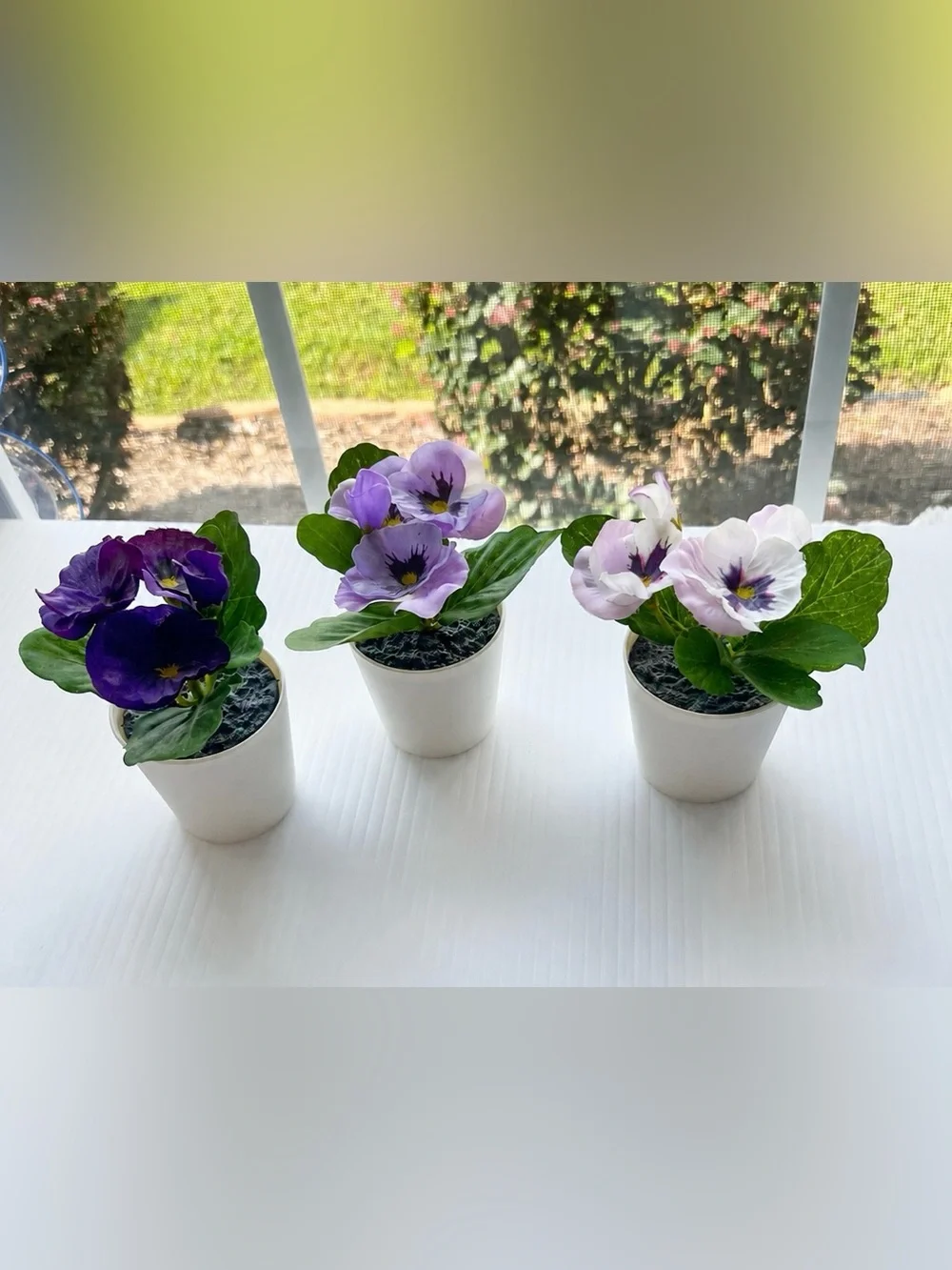Faux Pansy Flower Plants in Mini Pots Set of 3 Purple Lavender Pink